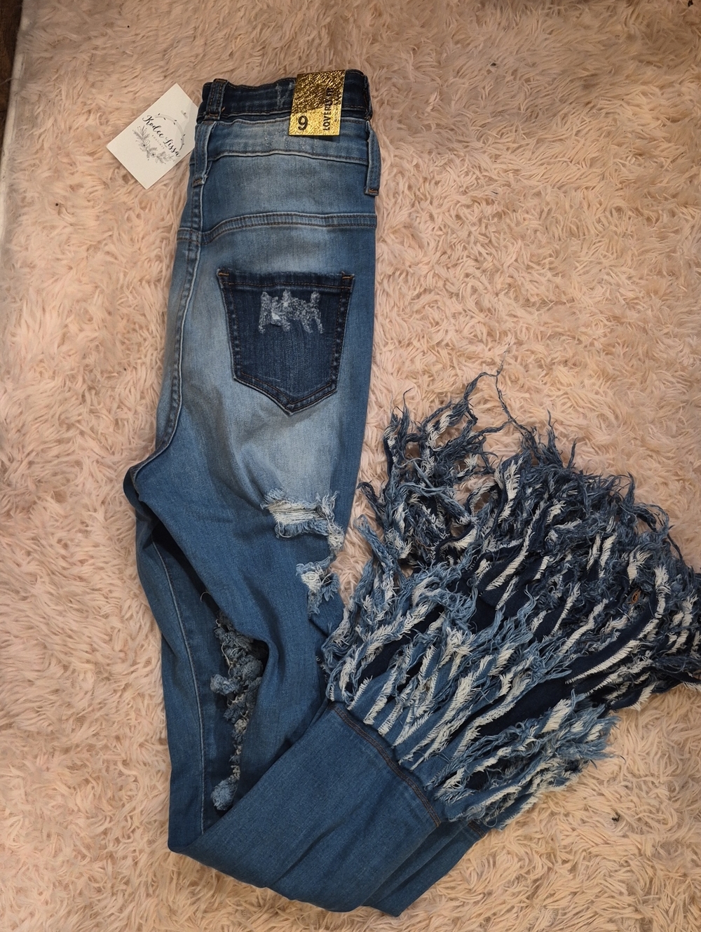 Love Tree Blue Distressed Flare Jeans with Dramatic Frayed Fringe